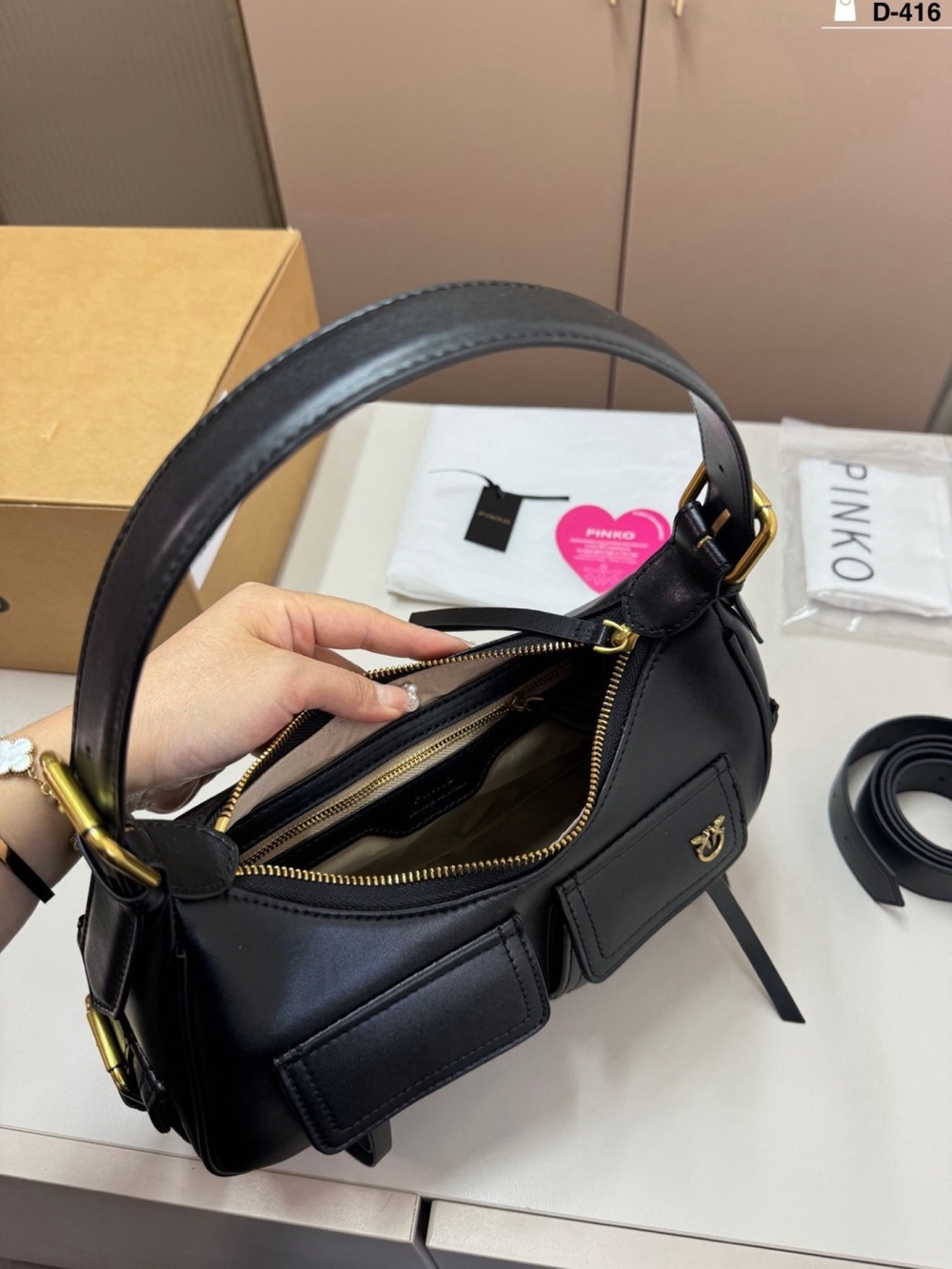 Pinko Black Leather Shoulder Bag with Front Pockets and Gold Hardware - Picture 9 of 9
